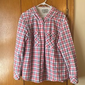 Boston Traders fleece lined, plaid flannel button down shirt jacket with hood.